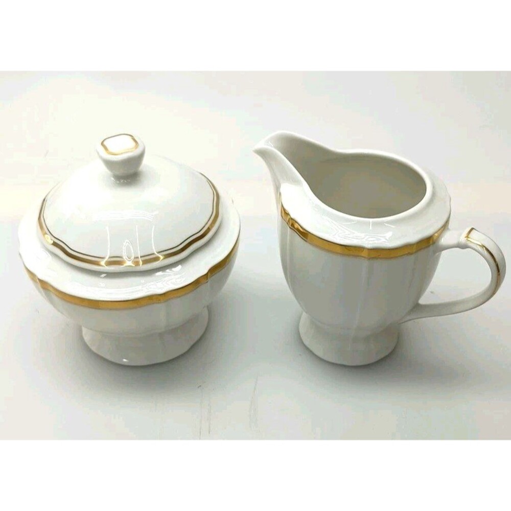 Mikasa Fine China L3509 Hyde Park Gold Rimmed Creamer And Sugar Set
